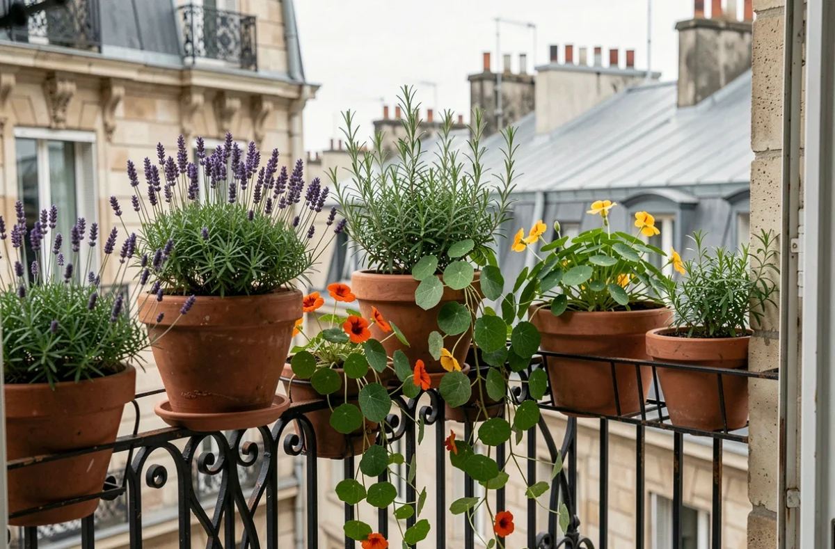 Balcon urbain parisien aménagé avec des plantes aromatiques en pots en terre cuite et une vue sur les toits