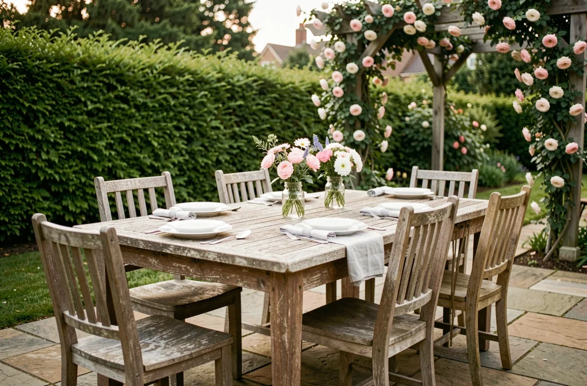 Table de jardin en teck dressée avec vaisselle blanche et fleurs fraîches sous une pergola avec rosiers grimpants