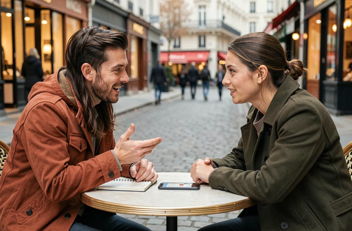 Deux amis discutant d'une décision importante en terrasse de café, avec un carnet de notes et un téléphone affichant une matrice de décision sur la table