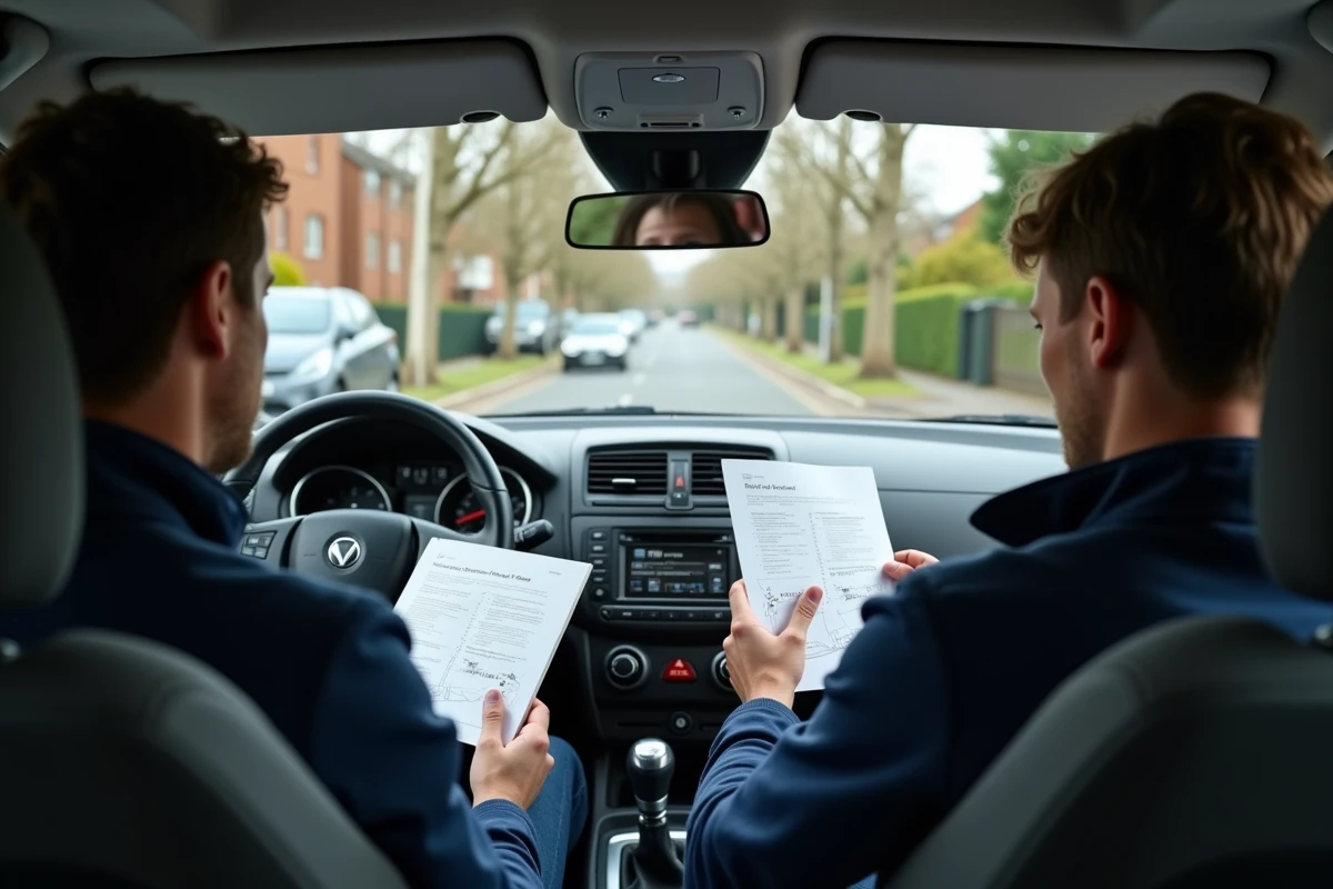 Apprenti conducteur révisant son guide de conduite avec un moniteur auto-école dans une voiture