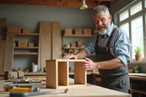 Homme d'âge moyen assemble un meuble en bois dans un atelier
