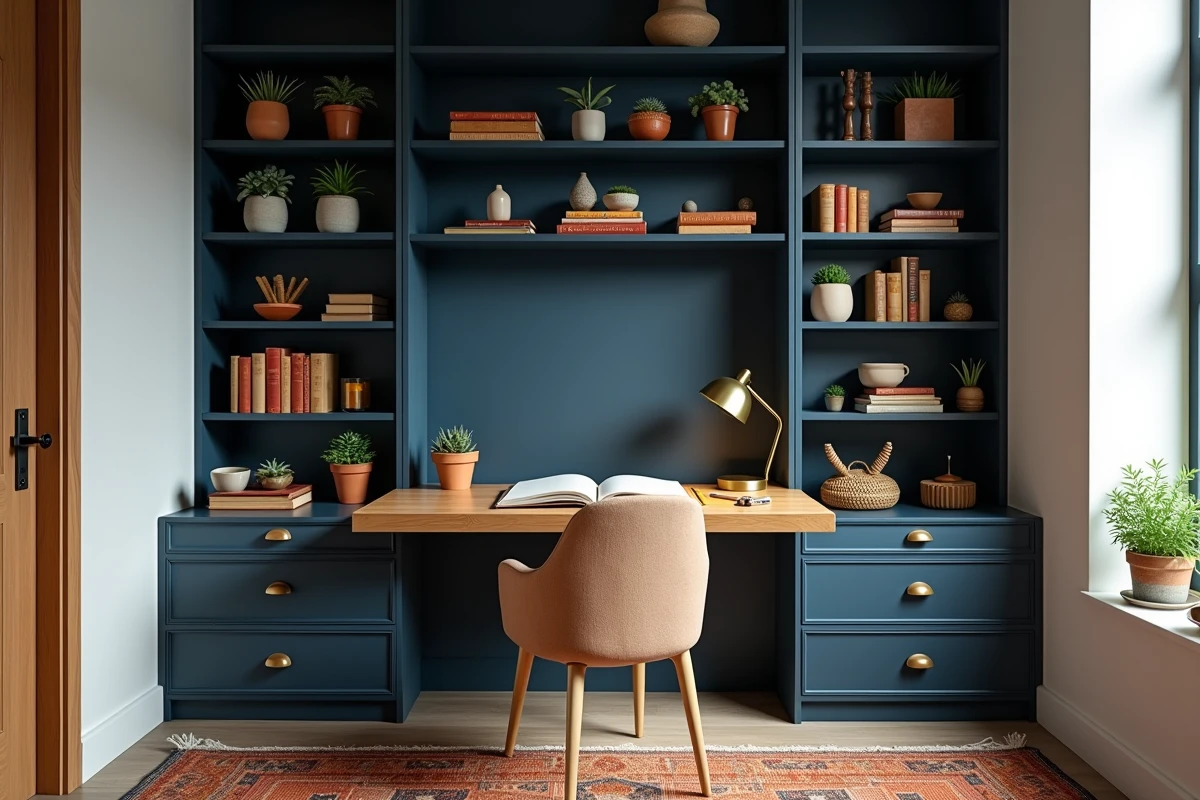 Bureau à domicile avec étagères bleu marine, céramiques artisanales et tapis marocain pour une décoration intérieure créative et organisée