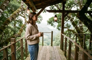 Femme en pull en laine sur la terrasse en bois d'une cabane dans les arbres entourée de forêt brumeuse, hébergement insolite en pleine nature