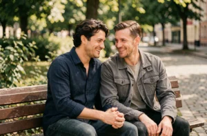 Deux hommes assis ensemble sur un banc dans un parc urbain, souriant avec complicité, illustrant une relation amoureuse épanouie