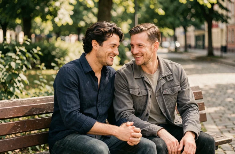 Deux hommes assis ensemble sur un banc dans un parc urbain, souriant avec complicité, illustrant une relation amoureuse épanouie