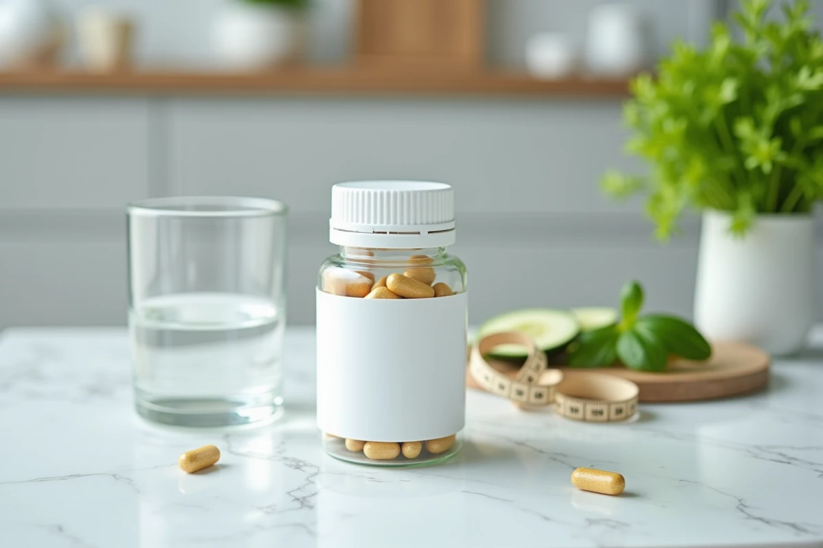 Complément alimentaire minceur posé sur un comptoir en marbre avec un verre d'eau et un mètre ruban, programme perte de poids