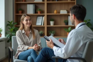 Femme attentive lors d'une consultation médicale avec un professionnel