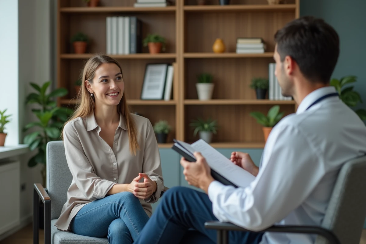 Femme attentive lors d'une consultation médicale avec un professionnel