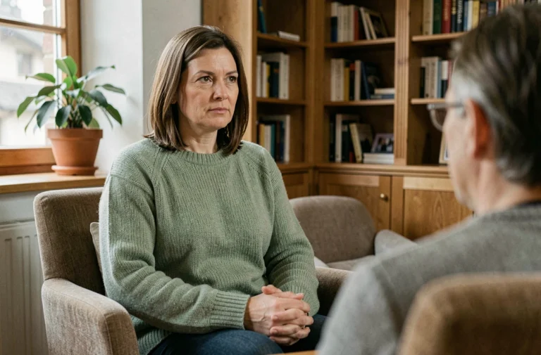 Femme en consultation psychologique avec un thérapeute dans un cabinet suisse chaleureux et professionnel