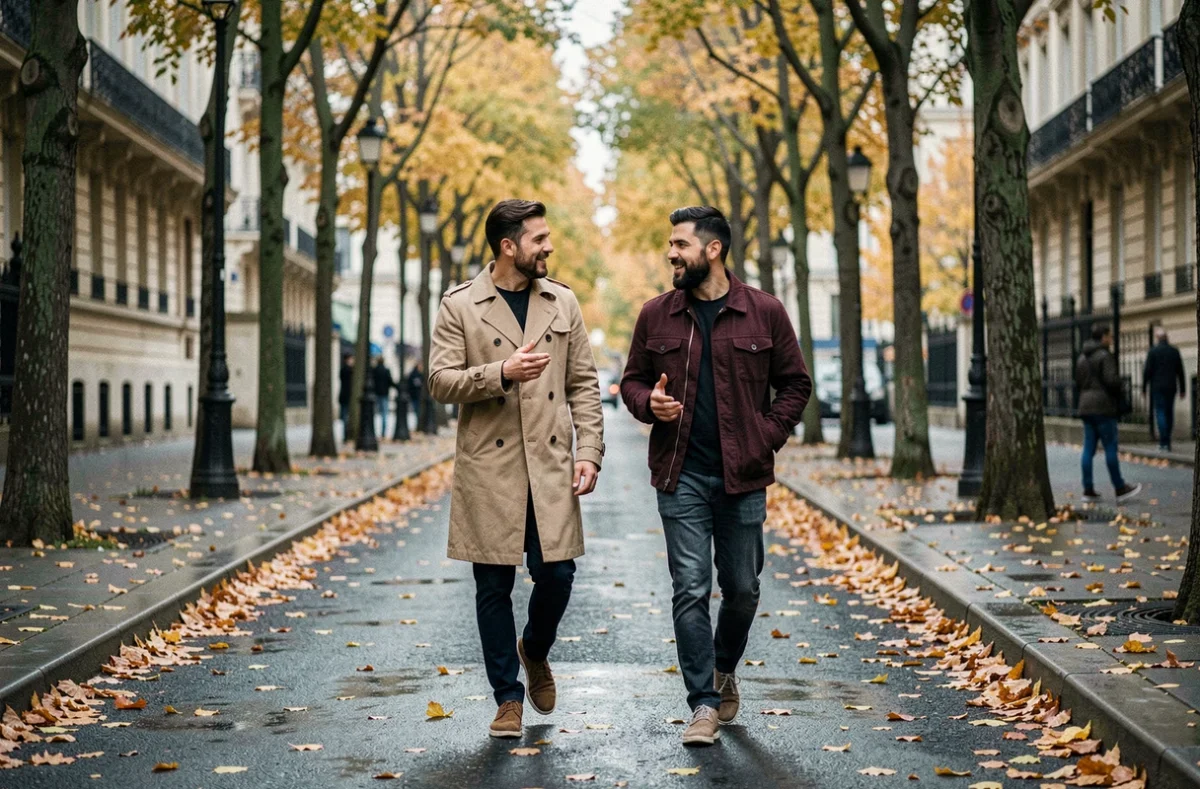 Deux hommes marchant ensemble dans une rue parisienne en automne, capturés en photo candide illustrant une relation complice et discrète