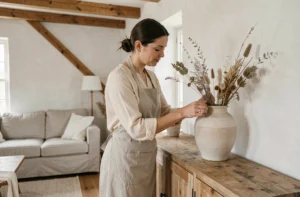 Femme arrangeant des tiges botaniques séchées dans un vase en céramique sur un meuble en bois dans un salon scandinave