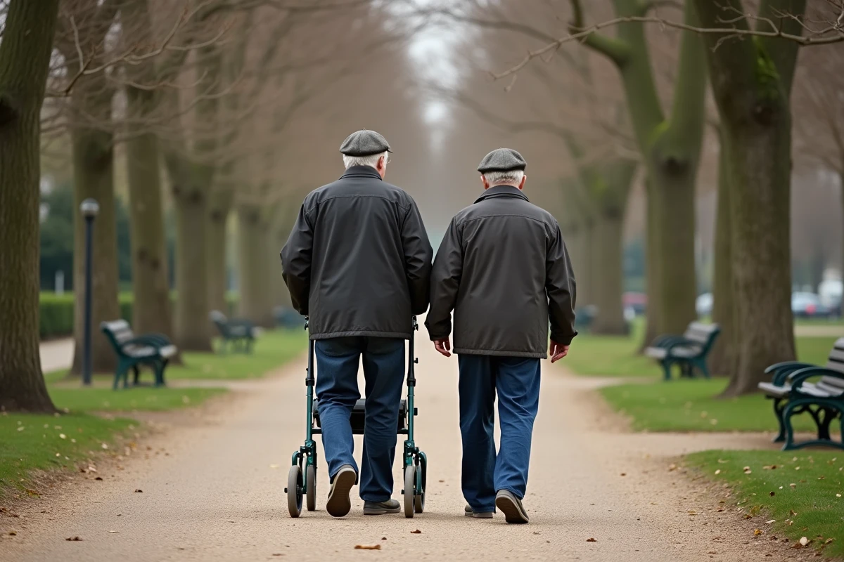 Deux hommes âgés marchant dans un parc au printemps