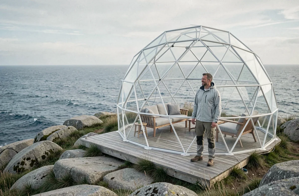 Homme en veste devant une tente dôme transparente en glamping sur une falaise côtière avec vue panoramique sur l'océan, hébergement insolite en bord de mer