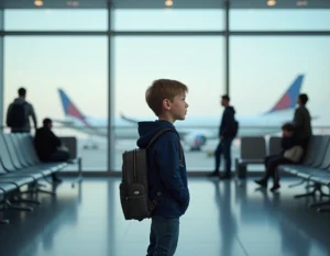 Jeune garçon d'environ 10 ans seul à la porte d'embarquement d'un aéroport, regardant le panneau de départ avec son sac à dos