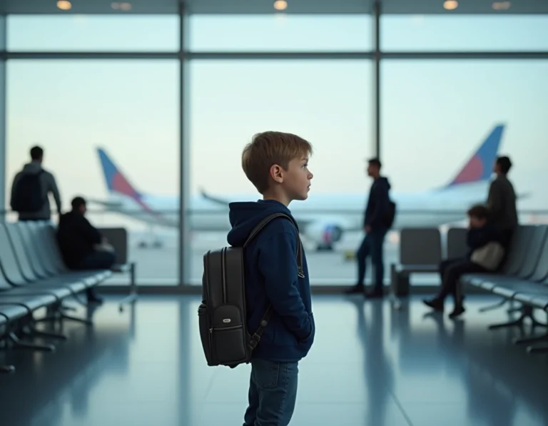Jeune garçon d'environ 10 ans seul à la porte d'embarquement d'un aéroport, regardant le panneau de départ avec son sac à dos