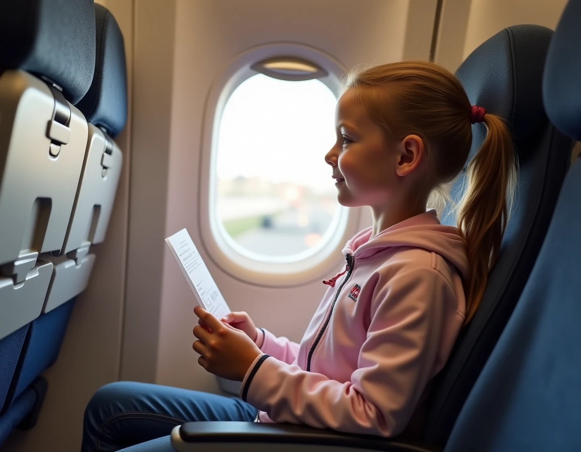 Fillette de 12 ans assise seule dans un avion tenant sa carte d'embarquement et regardant par le hublot