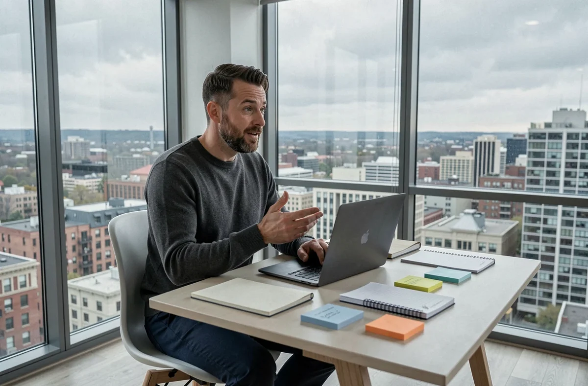 Entrepreneur en réunion virtuelle depuis son bureau à domicile avec vue urbaine, symbole du travail indépendant moderne