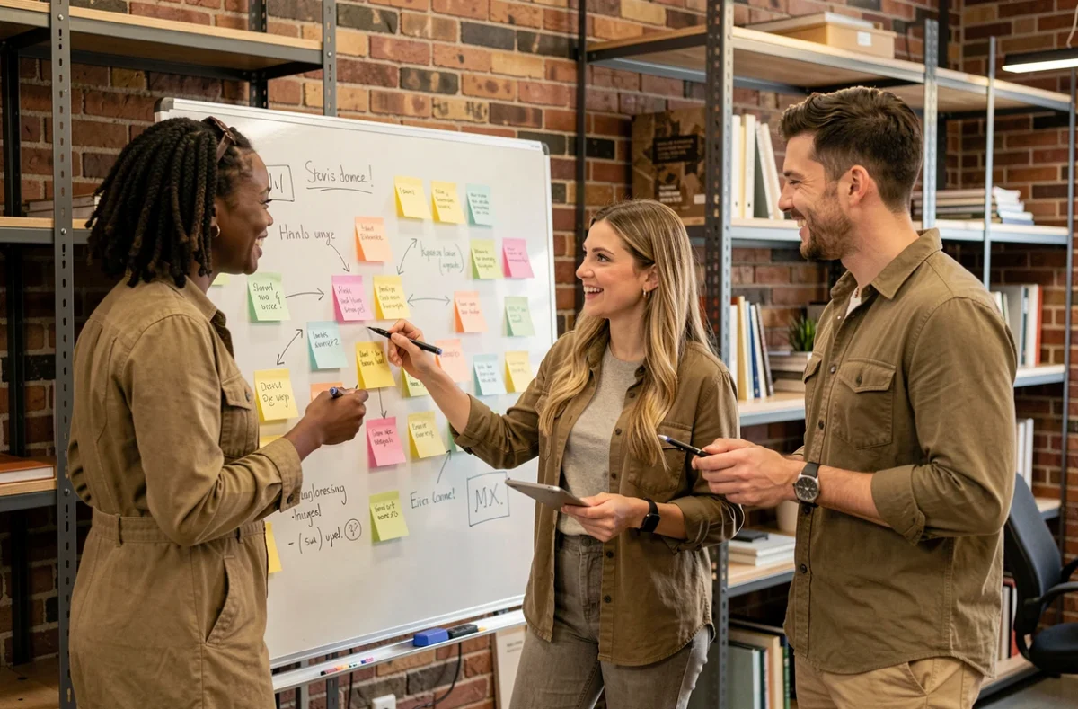 Équipe de jeunes entrepreneurs en séance de brainstorming devant un tableau blanc dans un bureau de startup