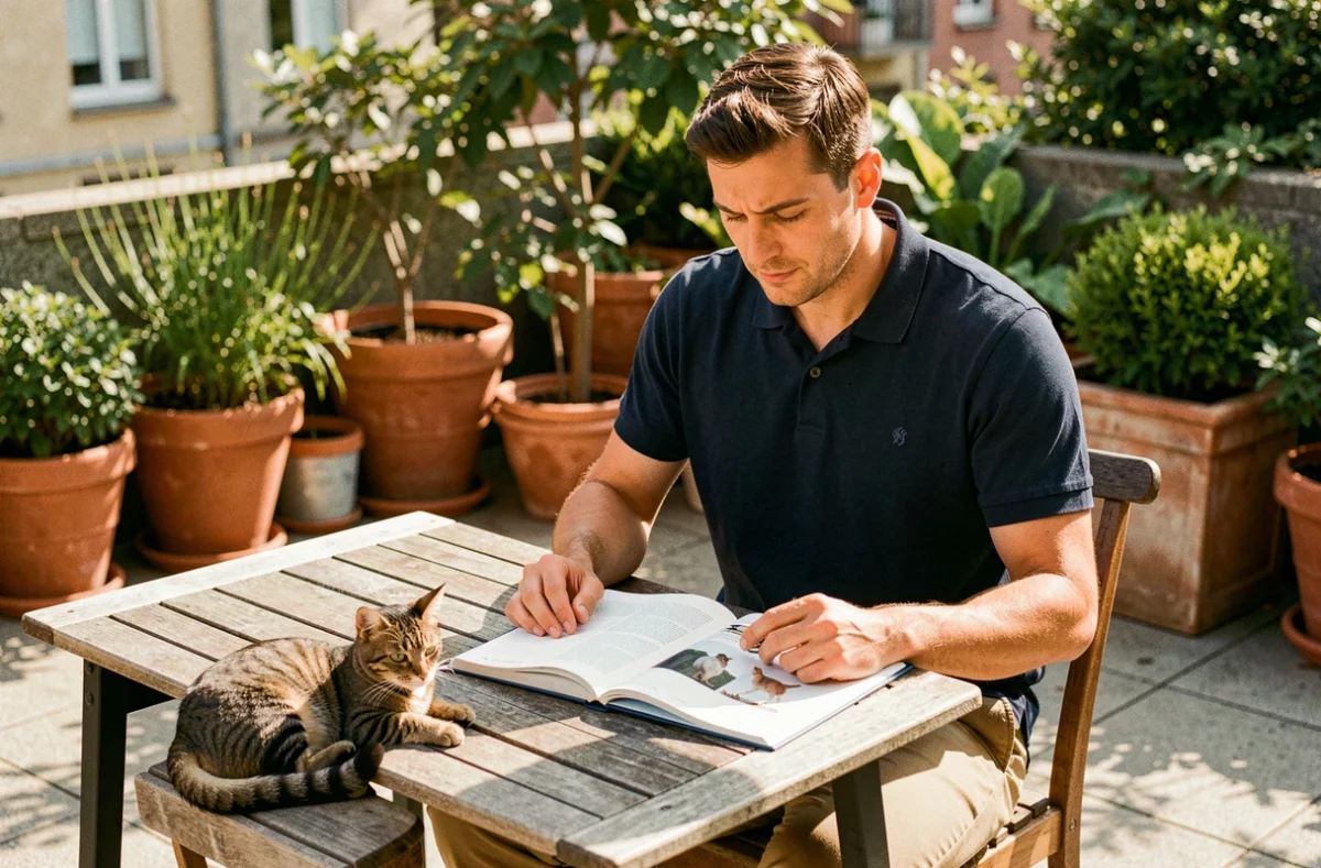 Homme étudiant un manuel de pet sitter en terrasse avec un chat tigré posé près de ses notes
