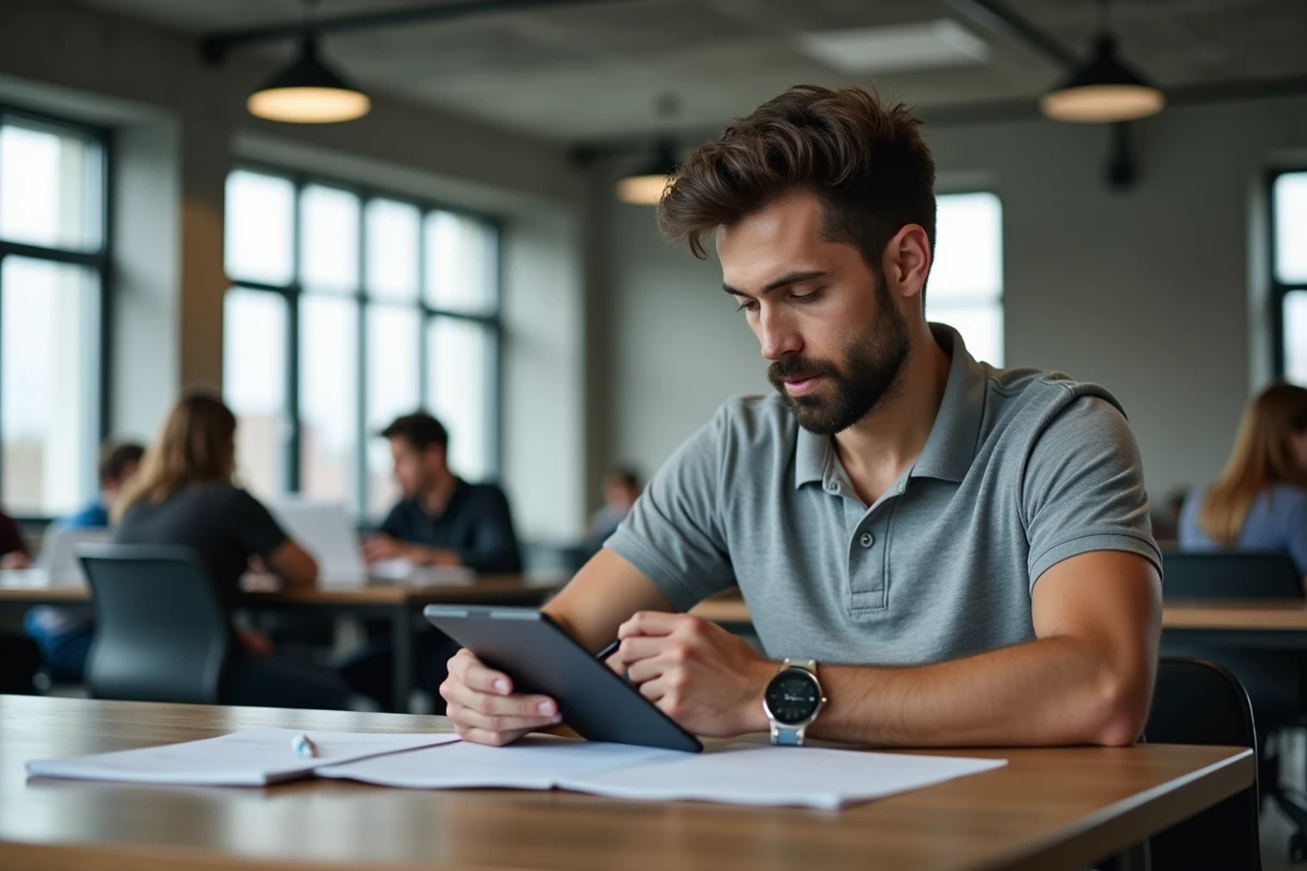 Homme en formation professionnelle en ligne sur tablette dans un espace de coworking moderne