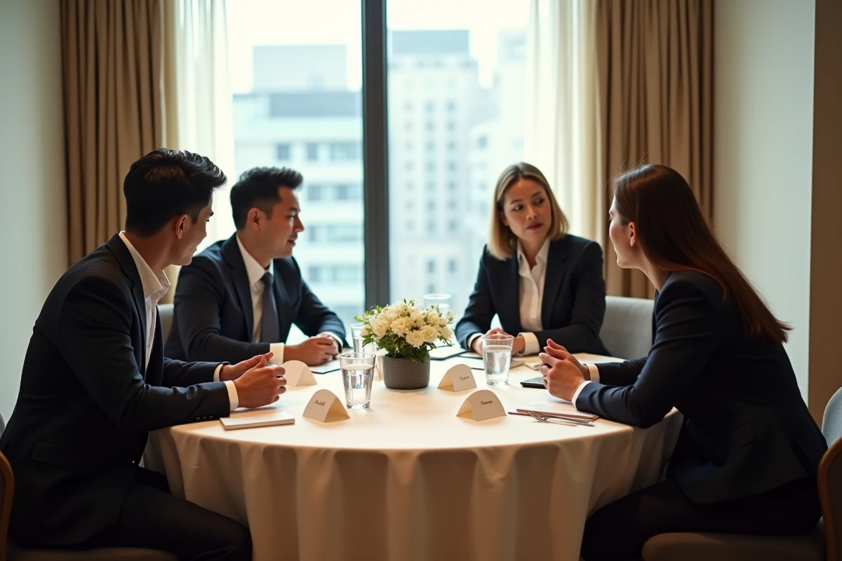 Groupe de collègues réunis autour d'une table lors d'un événement d'entreprise privé dans une salle de conférence hôtelière