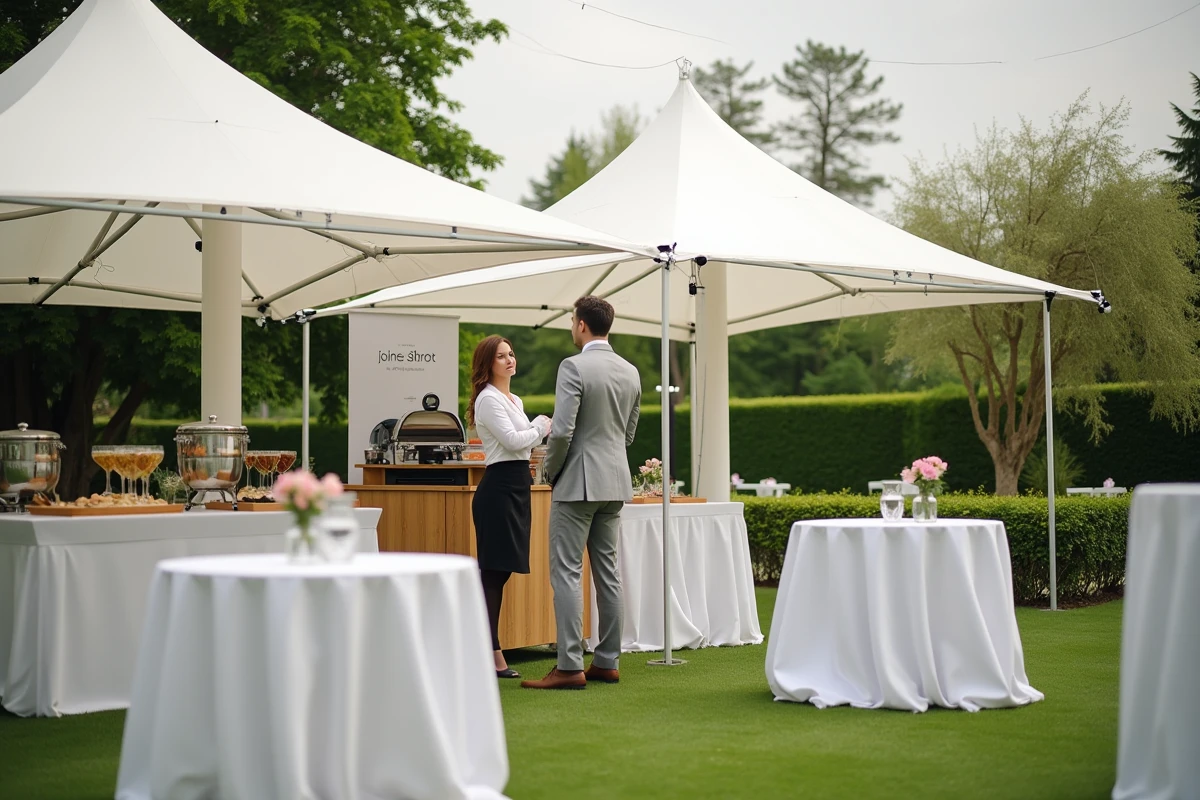 Espace événementiel en plein air avec structures en tissu tendues, signalétique sur mesure et tables dressées dans un jardin privatif
