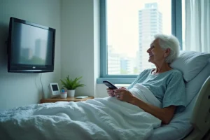 Femme agee souriante dans son lit d'hôpital