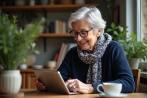 Femme âgée souriante utilisant une tablette dans un appartement parisien