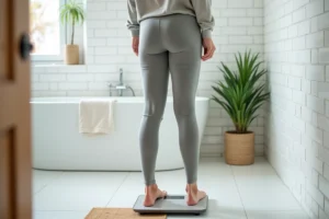 Femme mesurant sa perte de poids sur une balance numérique dans une salle de bain moderne, bilan minceur 2026