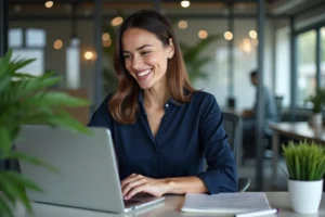 Femme professionnelle souriante au bureau moderne