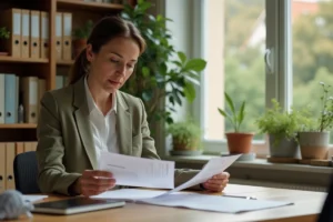 Femme épanouie travaillant dans un bureau à domicile lumineux avec un emploi du temps équilibré de 9h à 16h