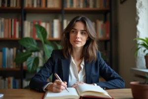 Femme en bureau cosy avec livres et plante verte