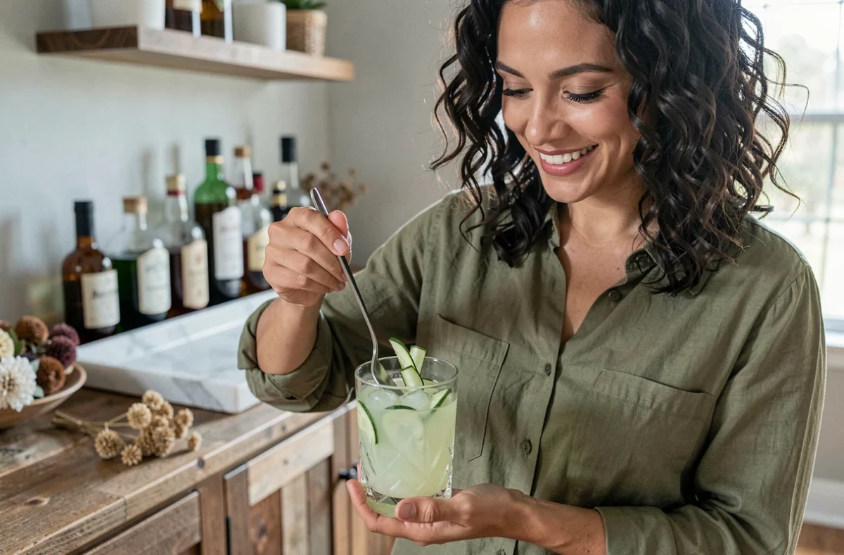 Femme souriante qui mélange un cocktail frais dans un grand verre cristal à la maison