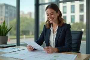 Femme professionnelle examinant des documents immobiliers