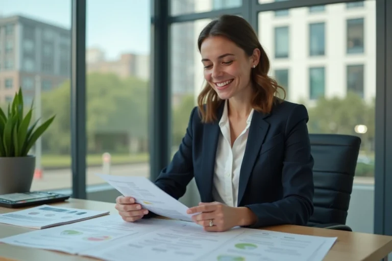 Femme professionnelle examinant des documents immobiliers