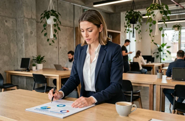 Entrepreneuse analysant un plan d'affaires dans un espace de coworking moderne, illustrant l'esprit d'entreprise en 2024