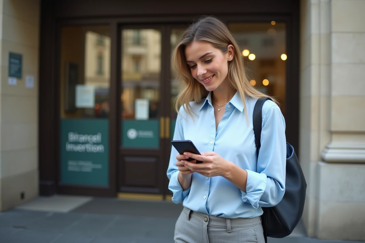 Femme souriante utilisant son smartphone devant une banque