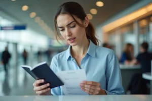 Femme tenant son passeport et son billet d'avion au comptoir d'enregistrement d'un aéroport