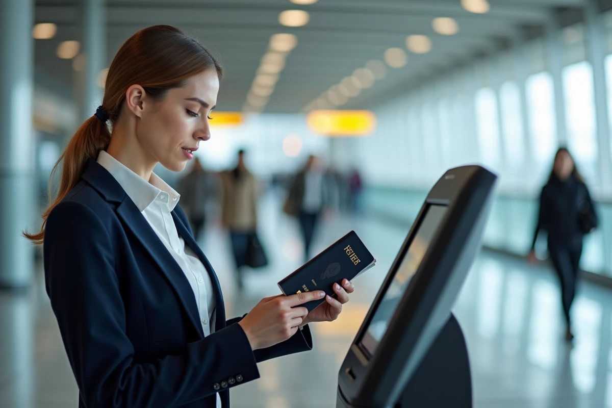 Femme mariée vérifiant son nom sur son passeport devant une borne d'enregistrement d'aéroport