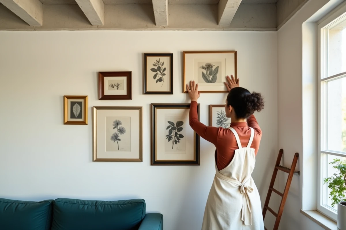 Femme arrangeant un mur de cadres vintage et éclectiques dans un appartement moderne pour une décoration maison créative et personnalisée