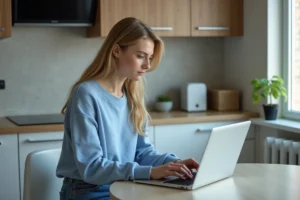 Jeune femme concentrée devant son ordinateur pour résoudre un problème de mot de passe