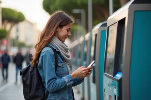 Jeune femme utilisant son smartphone pour un paiement sans contact à Nice