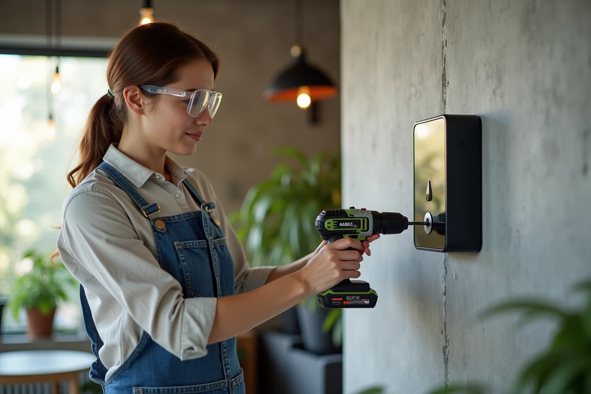 Jeune femme utilise une perceuse sur un appareil connecté dans un appartement