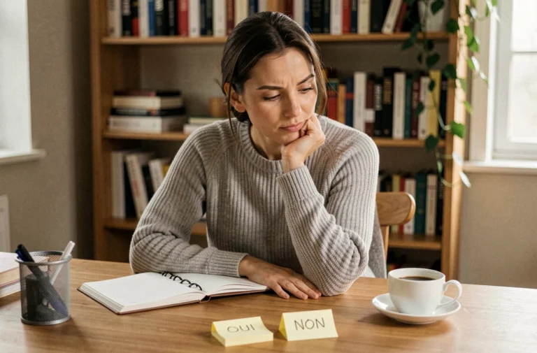 Femme pensive assise à un bureau en bois, hésitant entre deux notes autocollantes indiquant oui et non, illustrant la prise de décision au quotidien