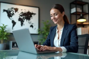 Femme d affaires concentrée sur son ordinateur dans un bureau moderne