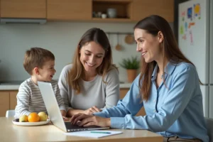 Femme professionnelle discutant avec une mère et son enfant dans la cuisine
