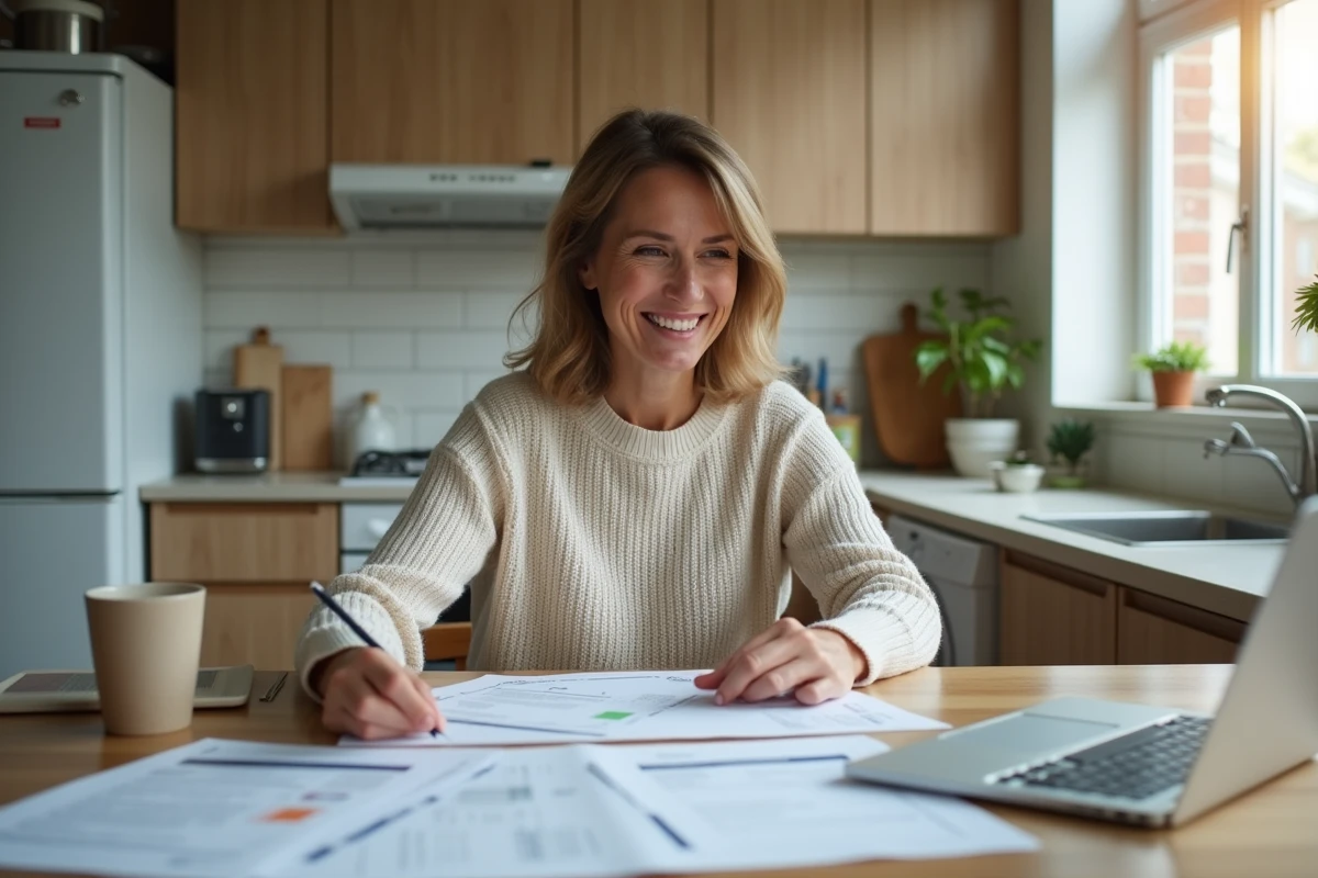 Femme souriante dans sa cuisine rénovée et moderne