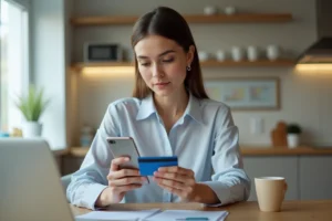 Jeune femme vérifiant sa carte bancaire avec son smartphone