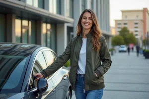 Femme souriante près d'une voiture électrique en station de charge