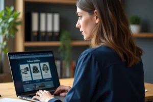 Jeune femme se formant en ligne sur la plateforme eCampus Police depuis un bureau à domicile bien organisé